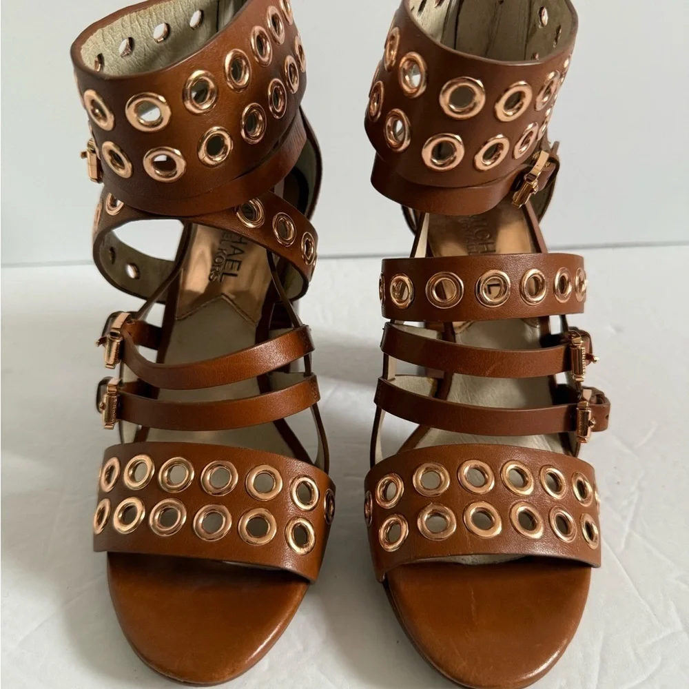 Michael Kors Brown Chunky Studded Edgy Heeled Gladiator Leather Sandals Size 5.5